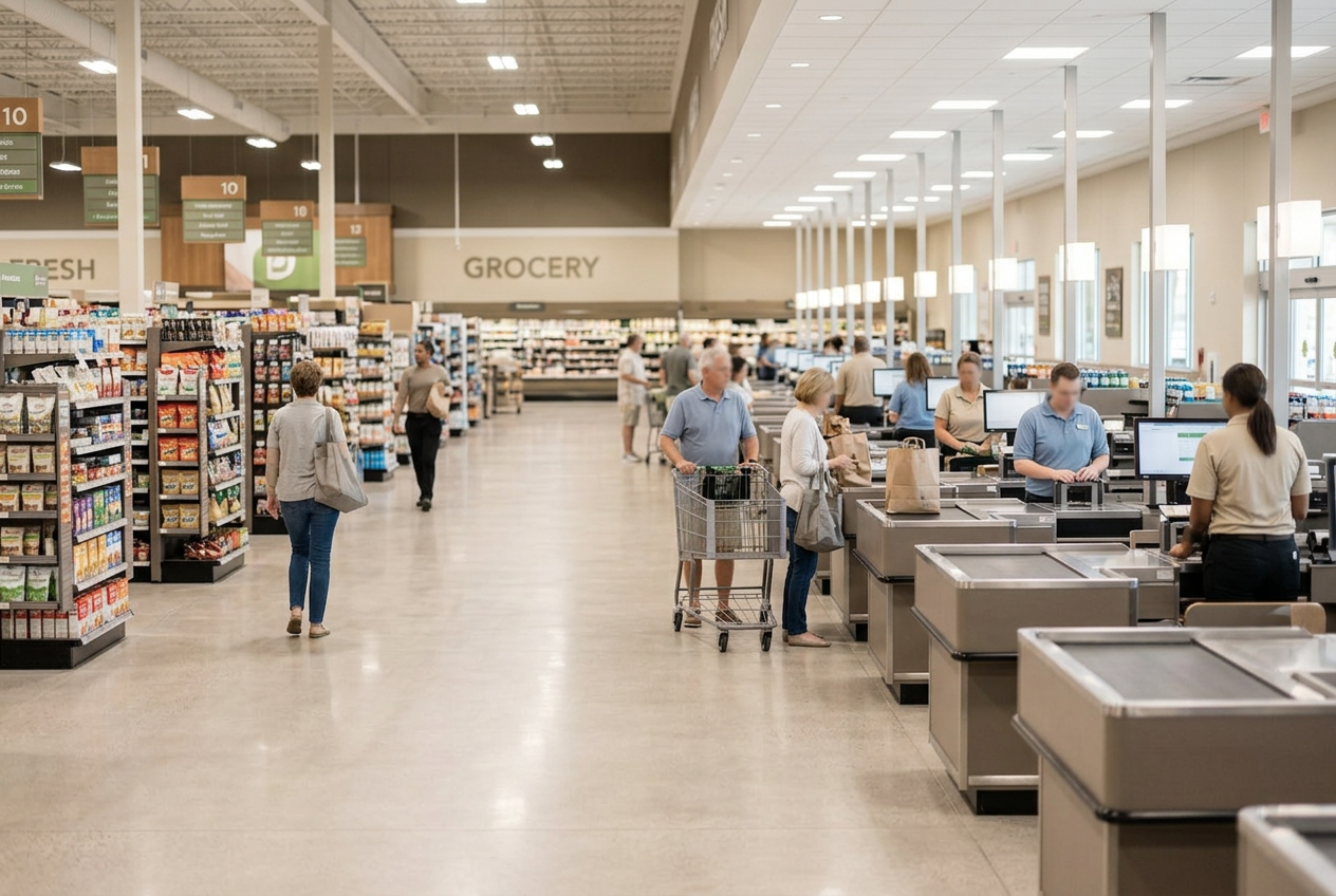 Store aisle with ceiling speakers